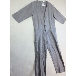 Zara Lillian Jumpsuit Size Small Gray 100% Linen V-Neck Utility Romper Jumper
